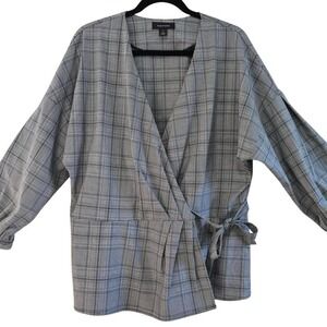 Halogen, black, white and grey plaid wrap blouse with tie waist.  Size XXL